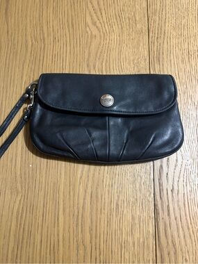 Coach Black Leather Wristlet Clutch with Silver Button